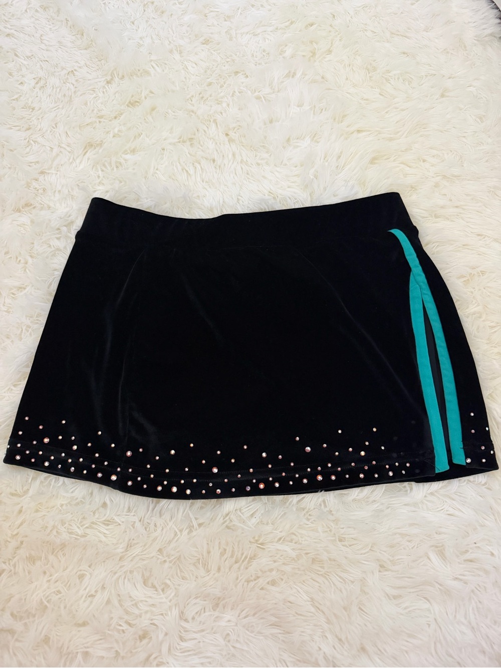 Varsity Black Velvet Skirt with Teal Side Stripes and Stud Accents